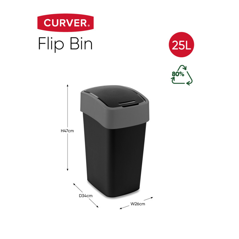 Poubelle Flip Bin noir et gris clair 25 L CURVER