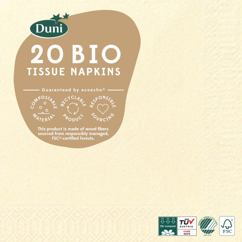 Serviette en tissu Bio 3 plis 24 x 24 cm crème 20 pièces DUNI Serviette en tissu Bio 3 plis 24 x 24 cm crème 20 pièces DUNI