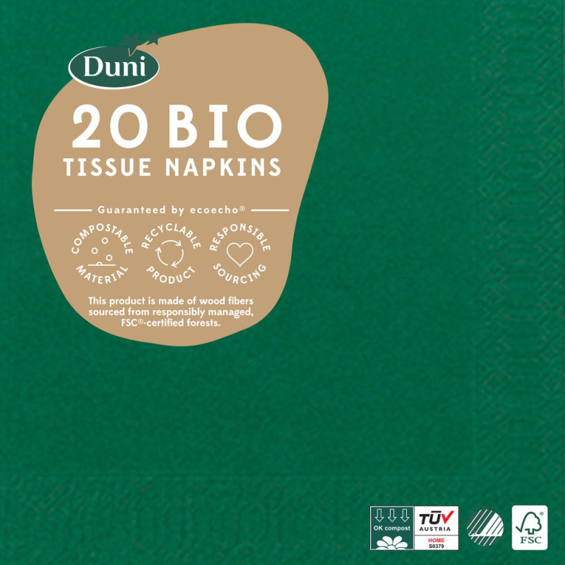 Serviette en tissu Bio 3 plis 24 x 24 cm vert foncé 20 pièces DUNI Serviette en tissu Bio 3 plis 24 x 24 cm vert foncé 20 pièces DUNI