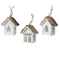 Maison bois suspendre blanche 7cm – Déco Noël | DECORIS

