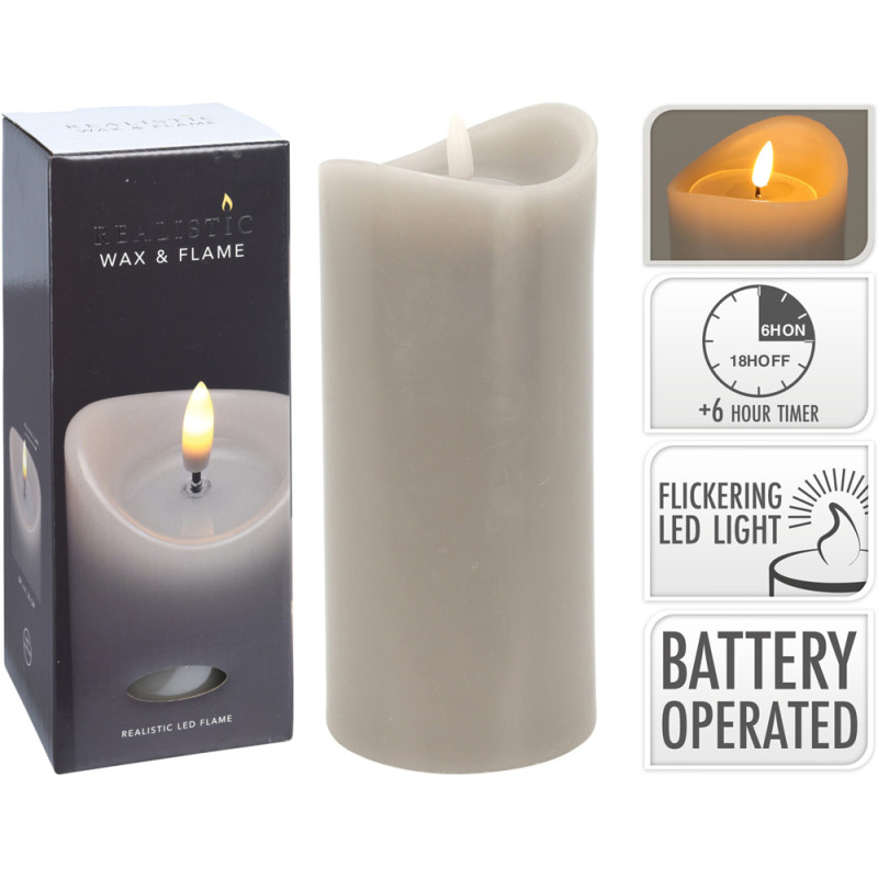 Bougie LED Grise Minuteur – Ambiance Douce 9x20cm