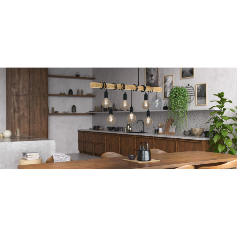 Suspension Townshend noire et bois E27 6 x 60 W EGLO
