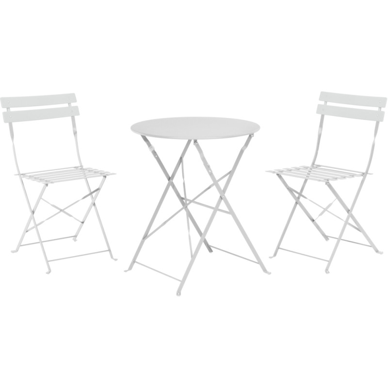 Ensemble bistro gris clair : 1 table ronde et 2 chaises pliantes Ensemble bistro gris clair : 1 table ronde et 2 chaises pliantes