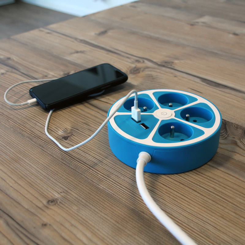 Multiprise circulaire 4 prises 2 USB bleu 1,5 m CHACON Multiprise circulaire 4 prises 2 USB bleu 1,5 m CHACON