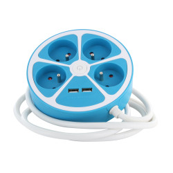 Multiprise circulaire 4 prises 2 USB bleu 1,5 m CHACON