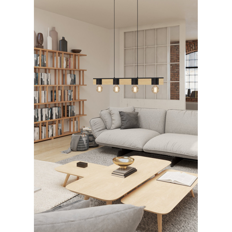 Suspension Bailrigg noire et bois E27 4 x 40 W EGLO