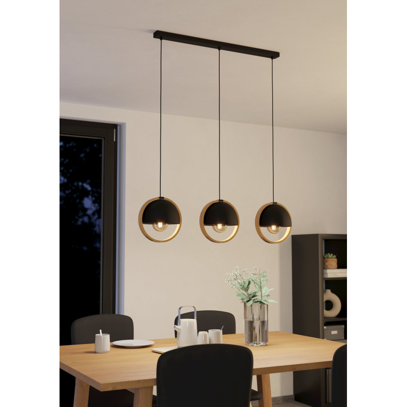 Suspension Callow noire et bois E27 3 x 40 W EGLO