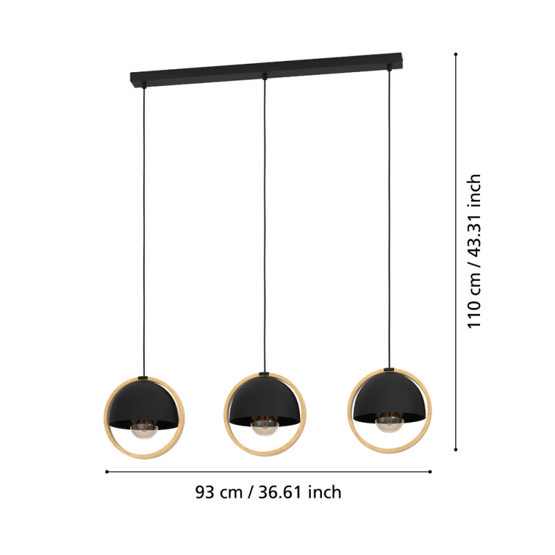 Suspension Callow noire et bois E27 3 x 40 W EGLO