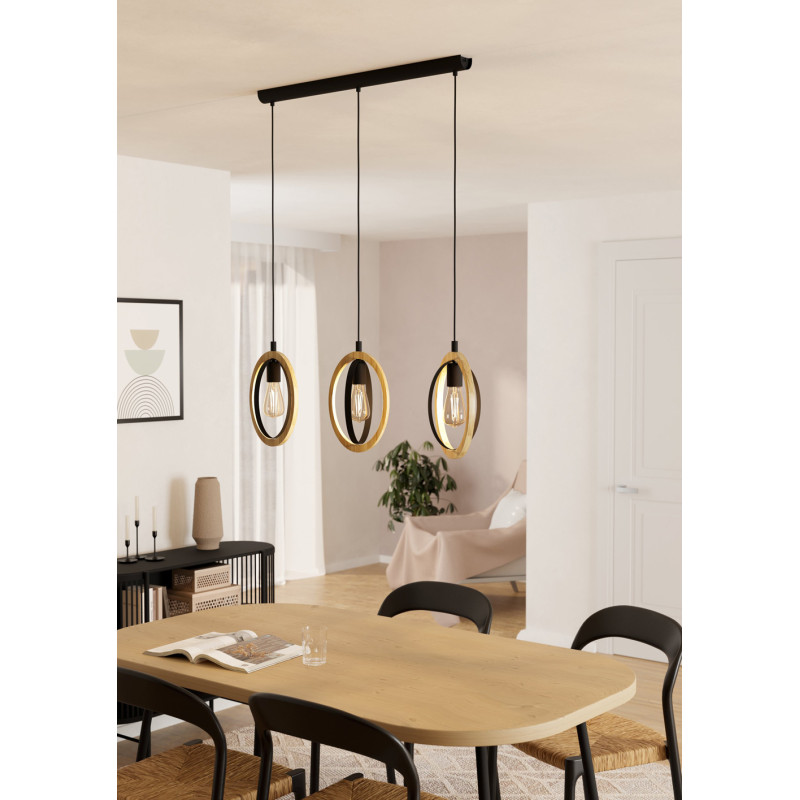 Suspension Basildon noire et bois E27 3 x 40 W EGLO