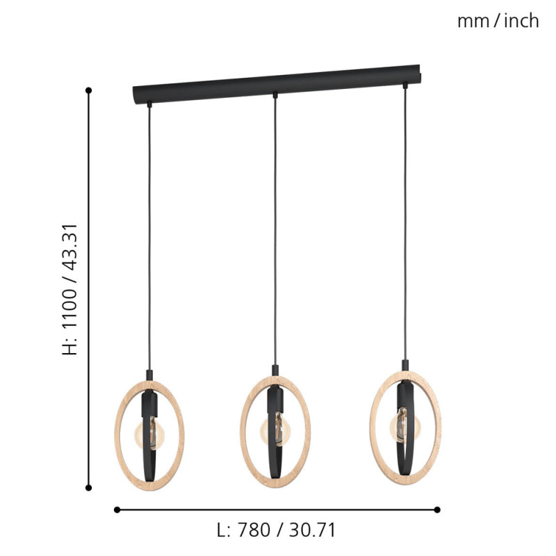 Suspension Basildon noire et bois E27 3 x 40 W EGLO