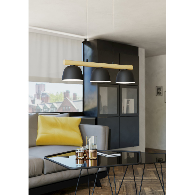 Suspension Sherburn noire et bois E27 3 x 40 W EGLO