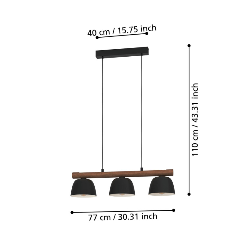 Suspension Sherburn noire et bois E27 3 x 40 W EGLO