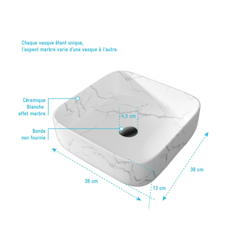 Vasque à poser carrée Effet Marbre blanc | AURLANE Vasque à poser carrée Effet Marbre blanc | AURLANE