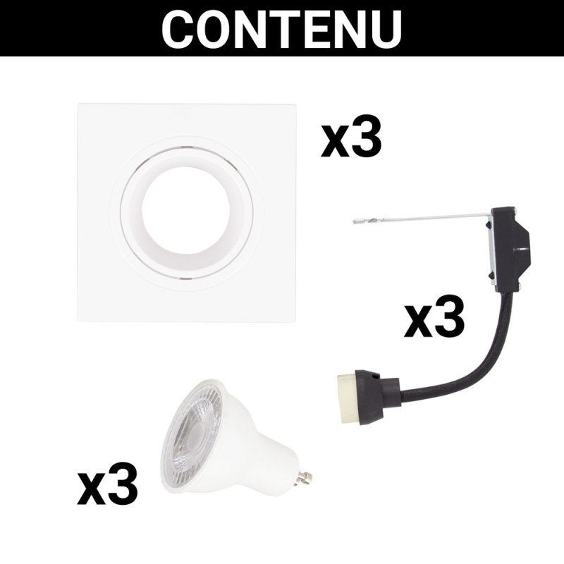 Spot encastrable LED carré blanc GU10 blanc chaud IP20 345 lm 5 W 3 pièces