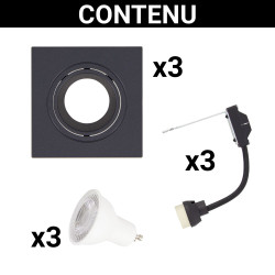 Spot encastrable LED carré noir GU10 blanc chaud IP20 345 lm 5 W 3 pièces