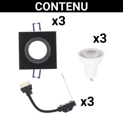 Spot encastrable LED carré aluminium noir GU10 blanc neutre IP44 345 lm 5 W 3 pièces