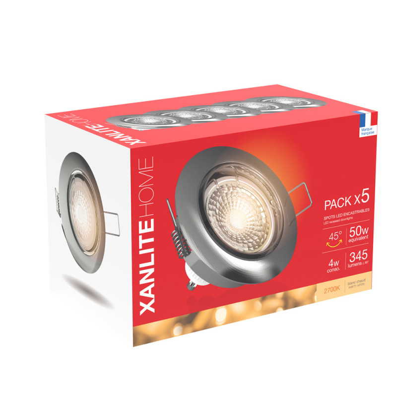 Spot encastrable LED acier brossé GU10 blanc chaud IP20 345 lm 5 W 5 pièces