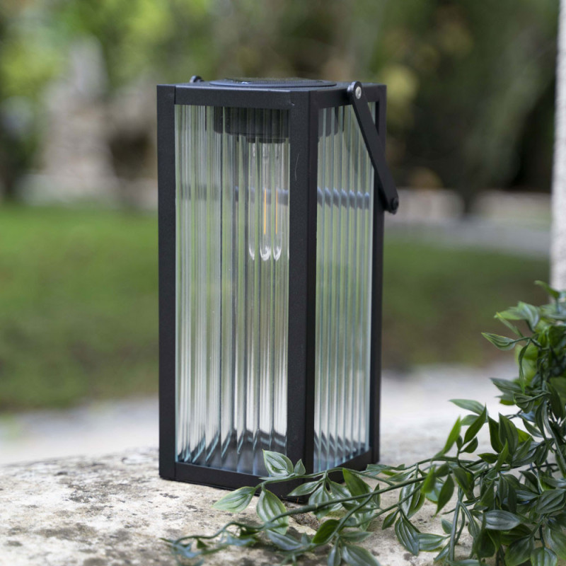 Lanterne LED solaire en verre ciselé et métal noire XANLITE