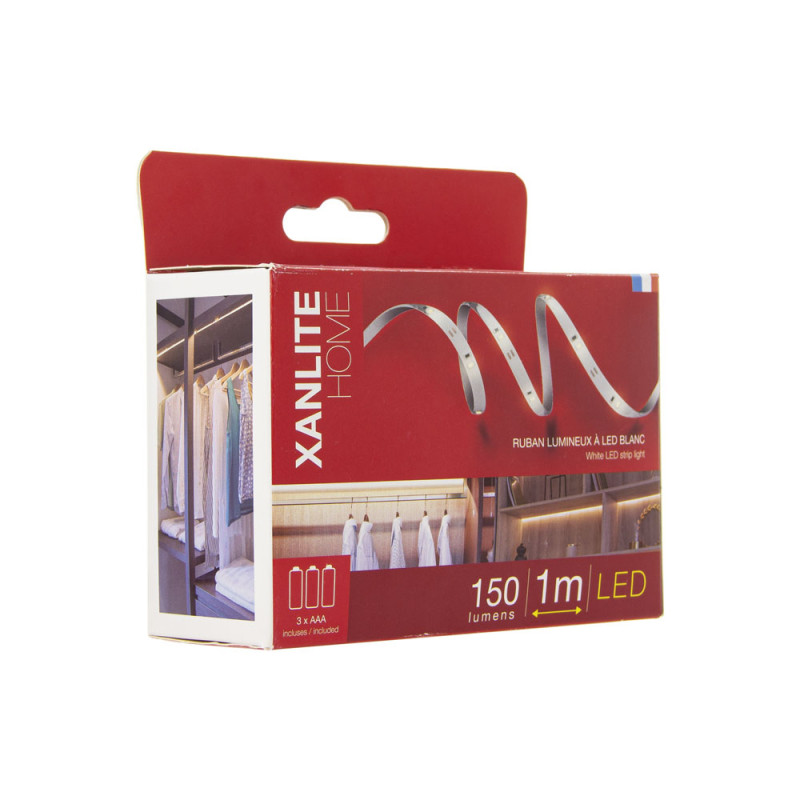 Ruban LED blanc neutre sur piles IP20 1 m XANLITE