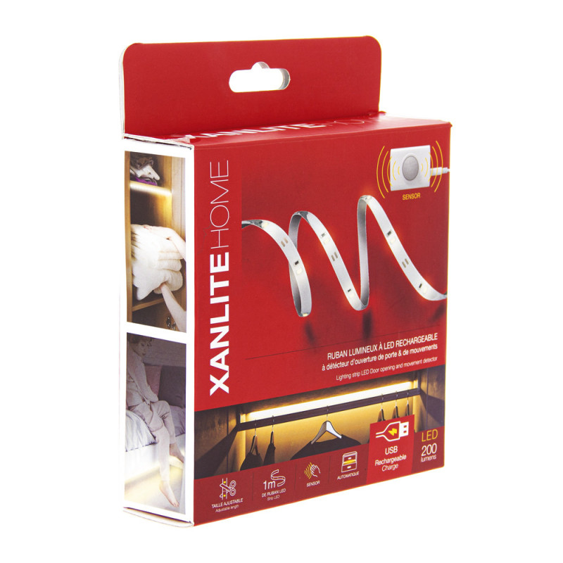 Ruban LED sur batterie avec détecteur d'ouverture de porte blanc neutre IP20 1 m XANLITE