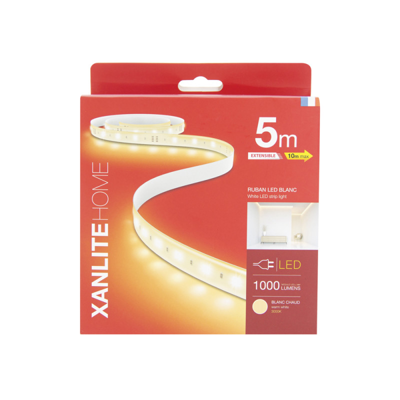 Ruban LED extensible blanc chaud IP20 1000 lm 5 m 5 W XANLITE