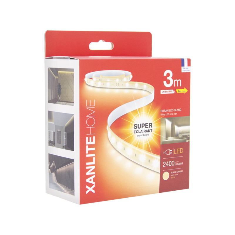 Ruban LED super éclairant extensible blanc chaud IP20 2400 lm 3 m 10 W XANLITE