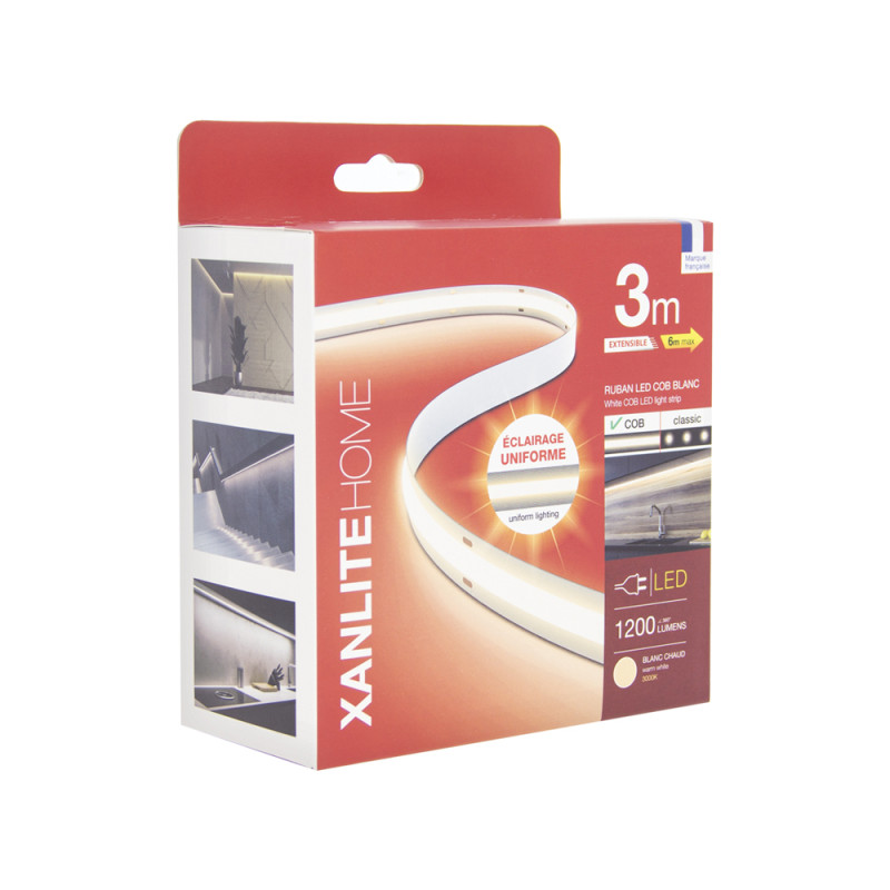 Ruban LED COB extensible blanc chaud IP20 1200 lm 3 m 20 W XANLITE