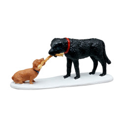 Figurine deux chiots qui tirent sur une corde LEMAX