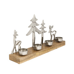 Porte-bougie Baliguian en bois avec 4 bougeoirs argentés 38 x 7