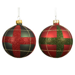 Boule de Noël en verre carreaux rouge Noël et vert pin Ø 8 cm DECORIS