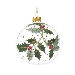 Boule de Noël en verre houx et baies transparente Ø 8 cm DECORIS