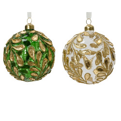 Boule de Noël en verre feuilles dorées pailletée Ø 10 cm 2 pièces DECORIS