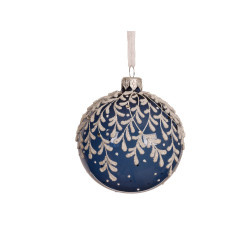 Boule de Noël en verre feuilles pailletées bleu nuit transparent Ø 8 cm DECORIS