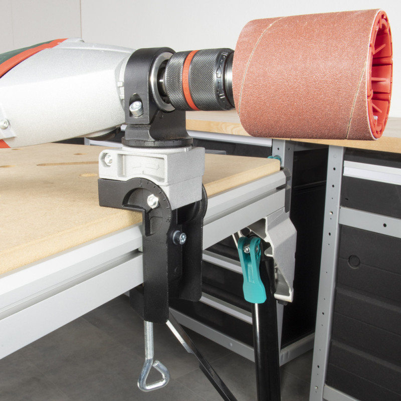 Support de perceuse en aluminium orientable Wolfcraft pour établi | WOLFCRAFT