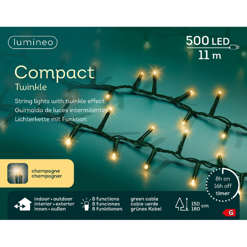 Guirlande compact intérieure et extérieure 8 fonctions 500 LED blanc doré 11 m