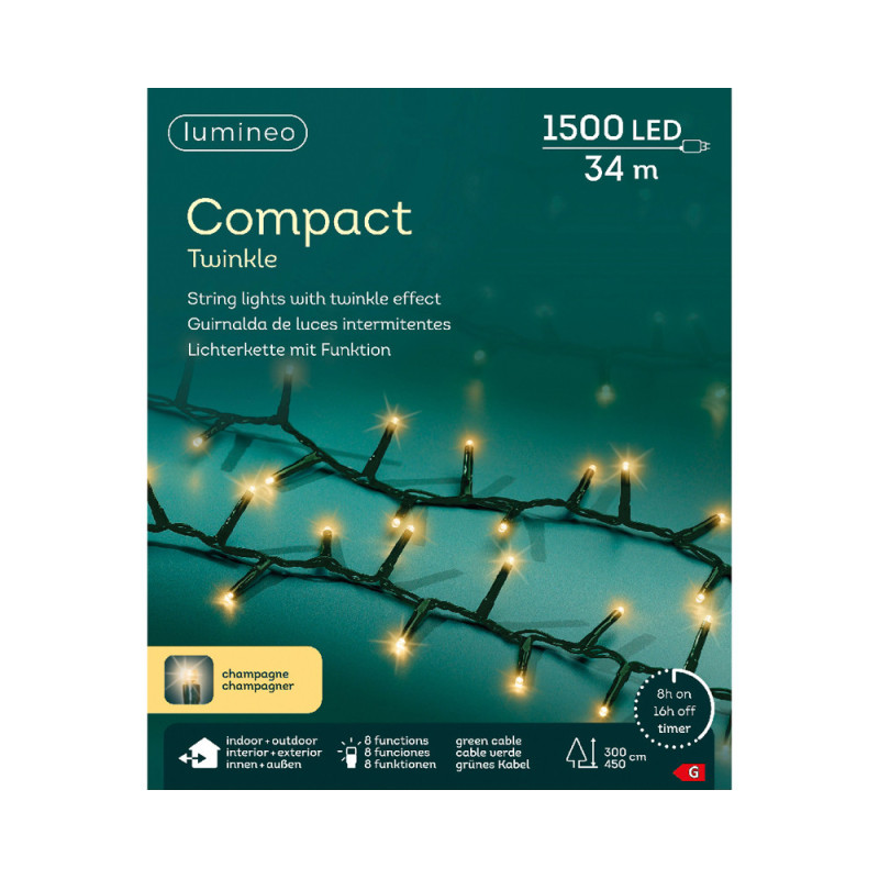 Guirlande compact intérieure et extérieure 8 fonctions 1500 LED blanc doré 34 m