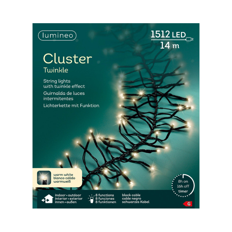 Guirlande grappe intérieure et extérieure 8 fonctions 1512 LED blanc chaud 14 m