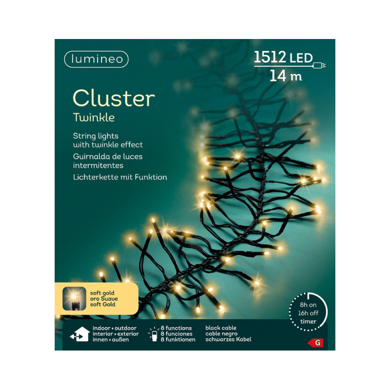 Guirlande grappe intérieure et extérieure 8 fonctions 1512 LED blanc doré 14 m