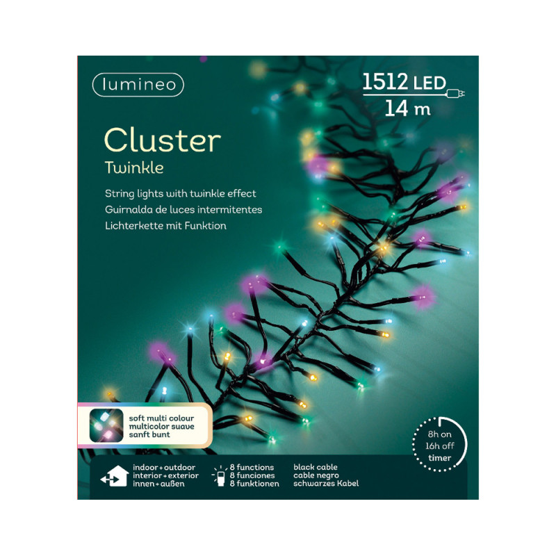 Guirlande grappe intérieure et extérieure 8 fonctions 1512 LED multicouleur pastel 14 m