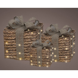 Set de cadeaux jute marron micro LED blanc chaud 3 pièces LUMINEO