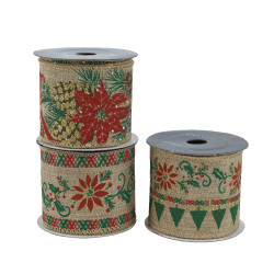 Ruban en polyester motifs Noël naturel 2