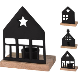 Bougeoir maison en bois et aluminium noir 13 x 8 x 17 cm