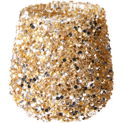 Photophore en verre avec perles doré Ø 8 x 8 cm