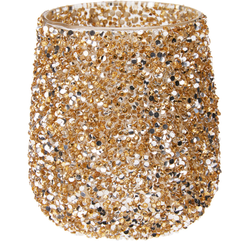 Photophore en verre avec perles doré Ø 10