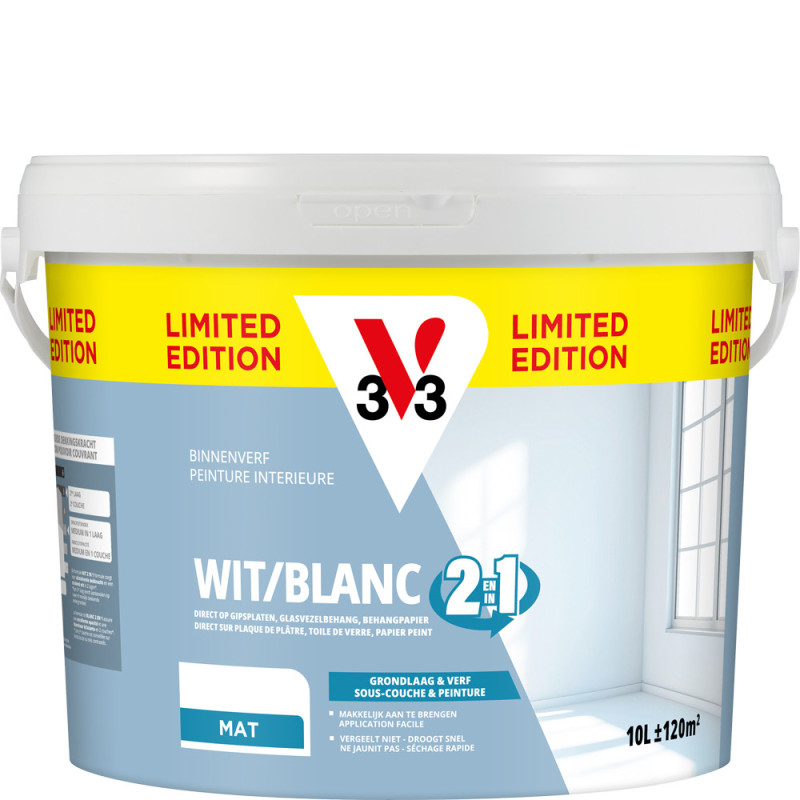 Peinture pour murs et plafonds 2-en-1 blanc mat 10 L V33