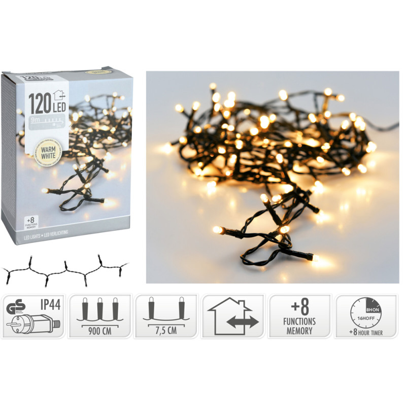 Guirlande intérieure et extérieure 120 LED blanc chaud 9 m