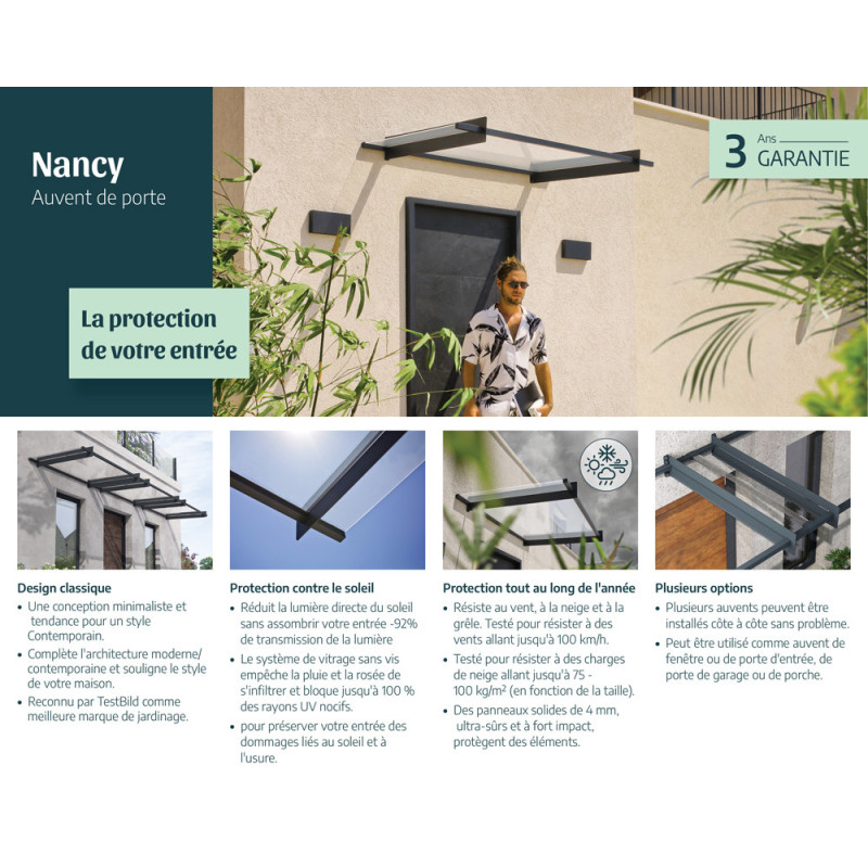 Marquise de porte Nancy gris foncé 411 x 94 cm CANOPIA