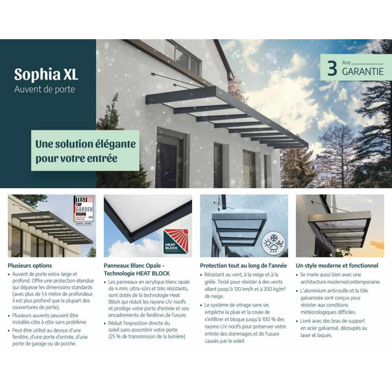 Marquise de porte Sophia XL gris foncé 565 x 140 cm CANOPIA