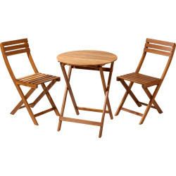 Ensemble bistro en bois d'acacia : 1 table ronde et 2 chaises pliantes