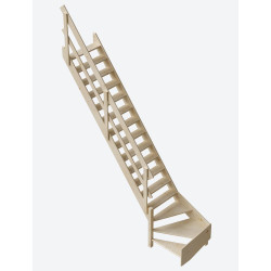 Escalier de meunier en sapin Cottage Large+ 1/4 tournant gauche avec rampe à lisses maxi 340 x 83 cm SOGEM